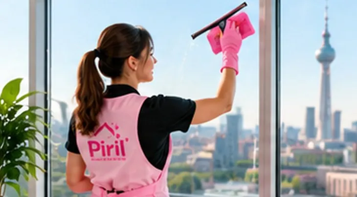 Piril-Reinigungskraft putzt ein Fenster mit Blick auf Berlin